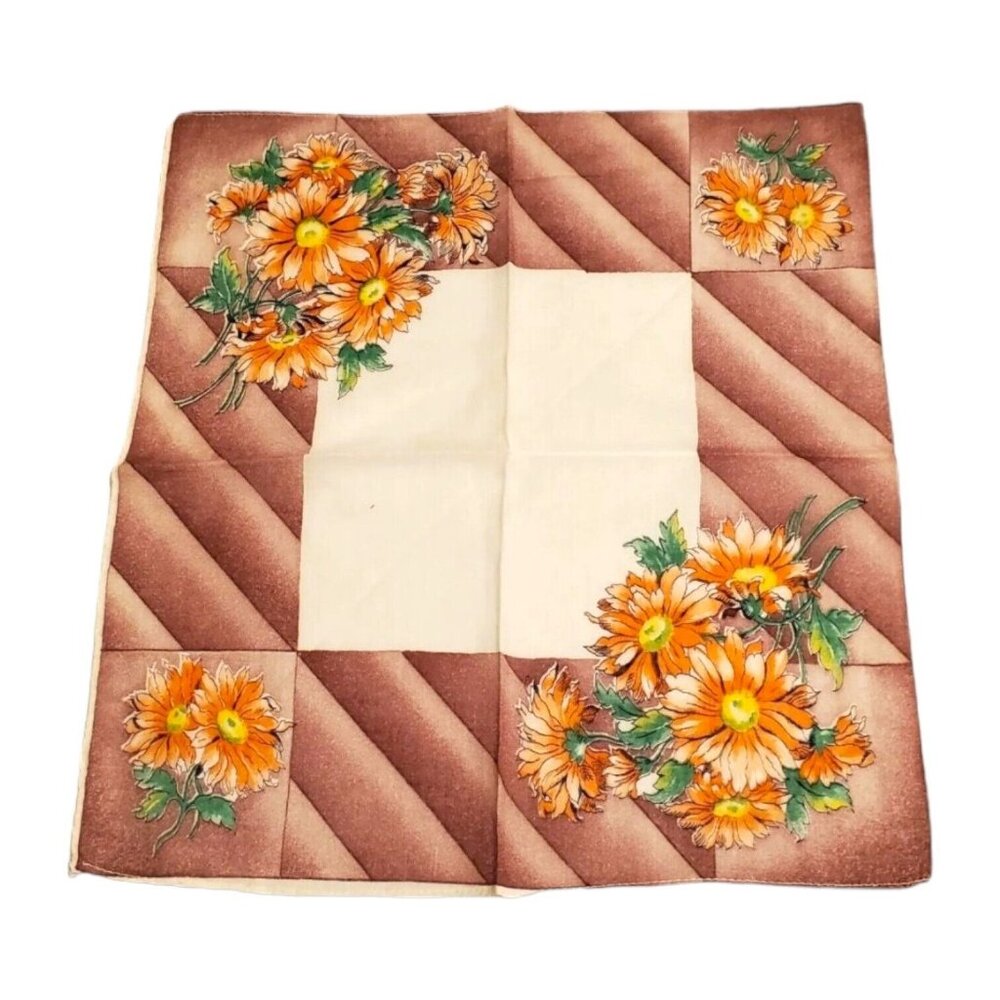 Vtg Floral Handkerchief Orange Daisey Brown Green 11"x12" Retro Fall Colors